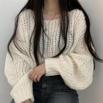 Autumn Long Sleeve Pullover Knitted Women Sweater Korean Fashion Lantern Long Sleeve Versatile Loose Tops Elegant Solid Color O Neck Casual Clothing One Size balta