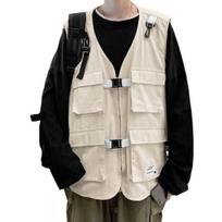Yousheng Men Vest No Collar Sleeveless Solid Color Multi-Pocket Zipper Fly Waistcoat Loose Fit Casual Outdoor Cargo Vest M