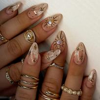 24 Pieces Almond Press On Nail French Style Artificial Nail with Glossy Star Moon Sun Design for Women and Girls 1