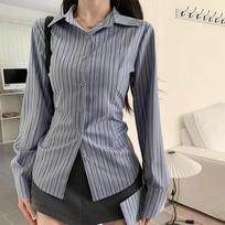 Blue Striped Long Sleeve Shirt Jacket Ladies's Spring Autumn Design Sensibility Smooths Your Silhouette Slimm 3XL