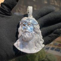 Two Tone Huge Spooky Silver Jesus Face Head Zircon Crown Charm Jumbo Pendant Cubic Zirconia Necklace 24inches(60.96cm)&3mm ROPE CHAIN sidabras