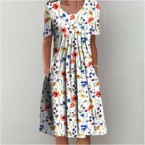 2025 TEMU Plus Size Women's High-End Spring/Summer Wide-Hemmed Round-Neck Printed Short-Sleeve Dress XXL