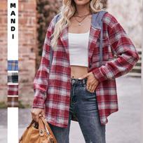 Women's New Autumn and Winter Flannel Plaid Jacket Hooded Casual Shirt S