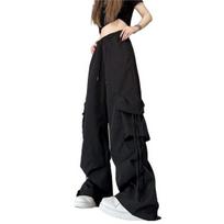 Retro moteriškos elastinės aukšto juosmens cargo kelnės su raišteliu, daug kišenių, tiesios plačios kojos, laisvalaikio ilgos kelnės, gatvės stilius 3XL juoda