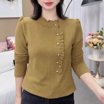 Autumn/Winter Plus Size Women's Long Sleeve Tummy-Hiding Top with Buttoned Wood Ear Collar L