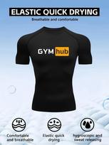 Vyriški juodi kompresiniai marškinėliai su „GYM hub“ logotipo spauda, Elastingi, Greitai džiūstantys, Kvėpuojantys, Drėgmę sugeriantys, Sporto salės treniruočių ir sporto treniruočių viršus S juoda