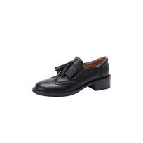 2024 New Women's Genuine Leather British Style Carving Tassels High-heel Oxfords Round Toe Soft Comfort Casual Shoes for Women 34 juoda