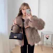 Fashion Faux Fur Jacket with Leather Trim Casual Warm Outerwear S