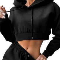 Yousheng 2 Pcs/Set Women Fall Hoodie Pants Set Long Sleeve Thick Hooded Short Top Drawstring Elastic Waist Loose Sweatpants Winter Tracksuit Pansuit M juoda
