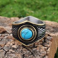 Vintage Turquoise Octagram Ring Unique Native American Style Titanium Steel Jewelry No. 7
