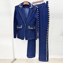 2026 Early Spring Heavy Beaded Denim Jacket & Trousers Set XL