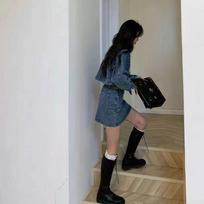 Spring/Autumn Women's Denim Suit: Short Jacket & High-Waist A-Line Skirt Two-Piece Set XS