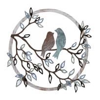 Metal Wall Decor Silhouette of Two Birds on Branch Round Frame Rustic Iron Art Craft for Indoor Outdoor Display one size