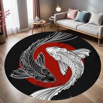 Koi Carp Round Carpet Samurai Ninja Pattern Yin Yang Design Floor Area Rug Modern Daily Home Decor Mat for Living Room Bedroom 60cmx60cm