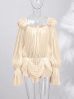 Real shot - Gentle wind off-the-shoulder pleated dress women's horn sleeves waist irregular hem short dress S abrikosas