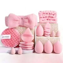 33 dalių grožio kempinėlių ir makiažo šepetėlių rinkinys su veido valymo kempinėle pink