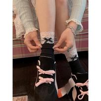 Ballet-style Lolita Socks, Lace Lace, Sweet Mid-calf Women's Socks, Versatile Bow, Cotton Socks, Pile Socks 1 pair