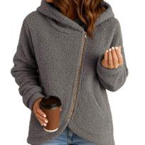 Yousheng Women's Fleece Jacket Oblique Zip Up Long Sleeve Sherpa Coat Fuzzy Hooded Jacket with Pockets Fall Winter Outerwear S
