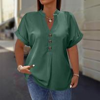 Women's Fashion Short Sleeve V Neck Button Up Blouse Stylish Casual Plus Size Top L armijos žalia spalva