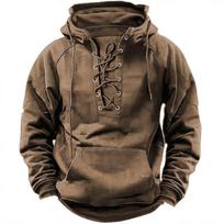 Men's Autumn Winter Outdoor Casual Jacket: Retro Lace-Up, Loose Fit, Pure Color Long Sleeve Hooded Sweatshirt S