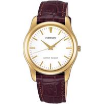 SEIKO SELECTION SCXP032 vyriškas unisex laikrodis ant riešo, maitinamas baterija, kvarcinis, korpuso plotis 35 mm, odinis dirželis, baltas ciferblatas, geltonojo aukso nerūdijančio plieno.