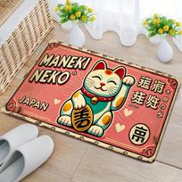 Laimingas Maneki Neko flanelinis durų kilimėlis, japoniško stiliaus neslystantis kilimėlis, skalbiamas mašinoje, dekoracija namų, biuro įėjimui 40x120cm black