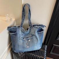 Fashion Gradient Raw Edge Denim Tote Bag Women Versatile Large Capacity Chain Handbags Simple Commute One Shoulder Bags 47x14x31cm mėlyna