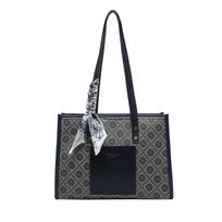 Tote Bag with Retro style Silk Scarf Decoration, Large Capacity Shoulder Bag mėlyna