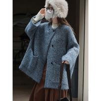 Johnature Korean-style Retro Lazy Round-neck Pocket Knitted Cardigan Winter Casual Versatile Loose Jacket For Women One Size mėlyna