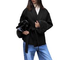 Women's Elegant Woolen Patchwork Cuffs Woolen Jacket Belt Lapel Woolen Long Sleeve Top S