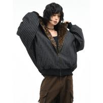 Unisex Retro Striped Hooded Cotton Jacket with Leopard Print and Eagle Design for Winter Extra Large