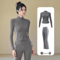 Women's High-End Slimming Sports Suit: Stand Collar Jacket & High-Waisted Micro-Flare Pants M