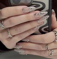24-Piece Spicy Girl Style Silver Rhinestone Almond Nail Tips