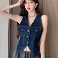 Hong Kong Retro Denim Vest Top - Women's Summer Sleeveless Slim Fit Cardigan S