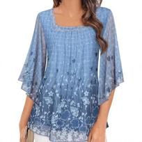 Womens Floral Print Chiffon Blouse Square Neck Flare Sleeve Casual Loose Tunic Top 0XL dangaus mėlyna spalva