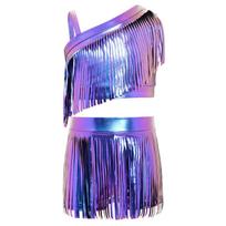 Girls Jazz Dance Outfit Asymmetrical Shoulder Metallic Tassels Crop Top Elastic Waistband Shorts Set 5-6 Years mėlyna