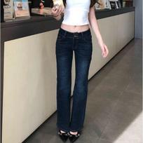 Women's 2025 American Retro Micro-Flare Low-Rise Jeans: Spring/Autumn Elastic Slimming Fit L tamsiai mėlyna spalva