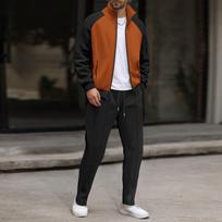 Autumn Color Block Waffle Check Zipper Jacket and Long Pants Set Double Extra Large