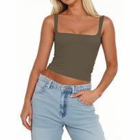 Women's Fashion Sleeveless Square Neck Sexy Slim Vest Solid Color Pullover Top L