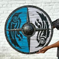 60,96 cm Rankų darbo vikingų medinis skydas su genties varno dizainu Mėlynas Baltas Apvalus LARP Skydas Skandinaviškas Cosplay Rekvizitas Sienų Dekoracija Dovana