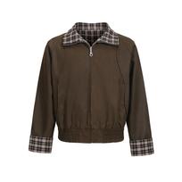Men's Autumn Vintage Plaid Patchwork Jacket - Deep Brown, Retro Heavy Duty Short Stand Collar Outerwear M