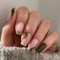 Green Gold Glitter French Manicure Press-On Fake Nail Tips Glue Version