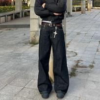 Men's Streetwear Dark Wash Baggy Wide Leg Denim Pants S juoda