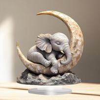 Sleeping Baby Elephant on Moon Statue - Decorative Resin Figurine, Cute Home Desk Ornament for Room Decoration