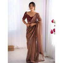 New Launch – Elegant Net Party Wear Saree with Embroidery & Lace Border | Royal Brown Edition brown