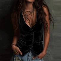 Women V-Neck Button-Front Velvet Vest With Pockets S