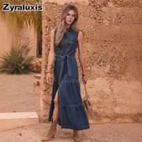 Blue Sleeveless Vest with Waist Tie Design Imitation Denim Material Long Dress M