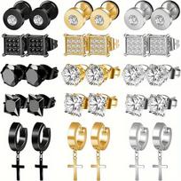 15 porų nerūdijančio plieno cirkonio kryžiaus pakabuko auskarai-studs ir barbell auskarai vyrams gray