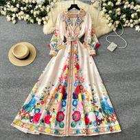France Elegant Vintage Luxury Evening Dress Women Print  Button Long Party Dress Female Casual Chic Holiday Clothing S abrikosas