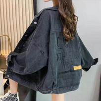 Spring Autumn Embroidered Denim Jacket Ladies Loose Korean Basic Jackets Womens Bomber Jackets Casual Trench Coat Black S
